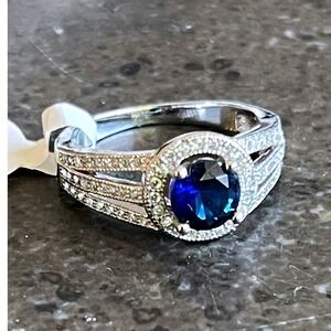 Sterling Silver Blue Sapphire-Colored‎ Stone Ring w/ Pave Accents, Size 7